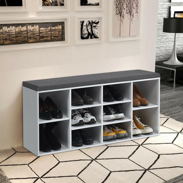 2 Tier Wooden Cubby Hallway Shoe Storage Bench With Cushion 10 Slot