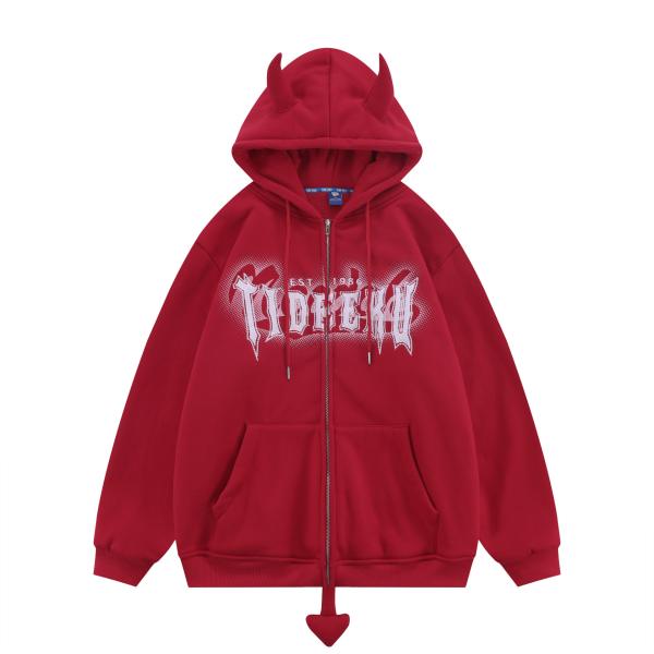 Camisa com capuz e fechadura de 8 oz e 12 onças Corno do Diabo Fleece Impresso Branco Unisexo Homem de Casais Superdimensional Suéter Fechado
