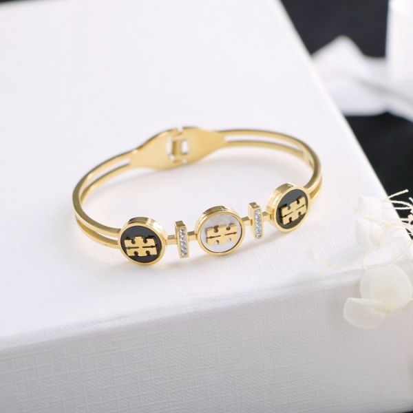 Black and White Mother-of-pearl Inlaid Circle Stitching TB Pattern Titanium Steel Bracelet