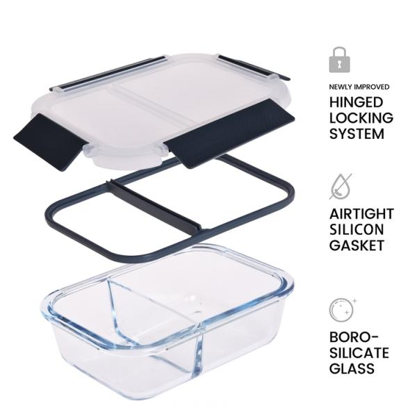 Contenedor de vidrio dividido para alimentos con tapa de cerradura en PP