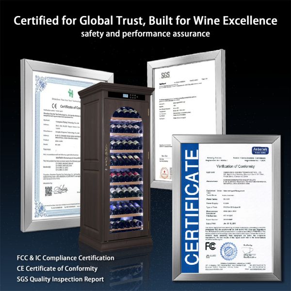 Dark Brown Solid Wood Freestanding Wine Cooler Cabinet with Arched Glass Door and Digital Control Panel