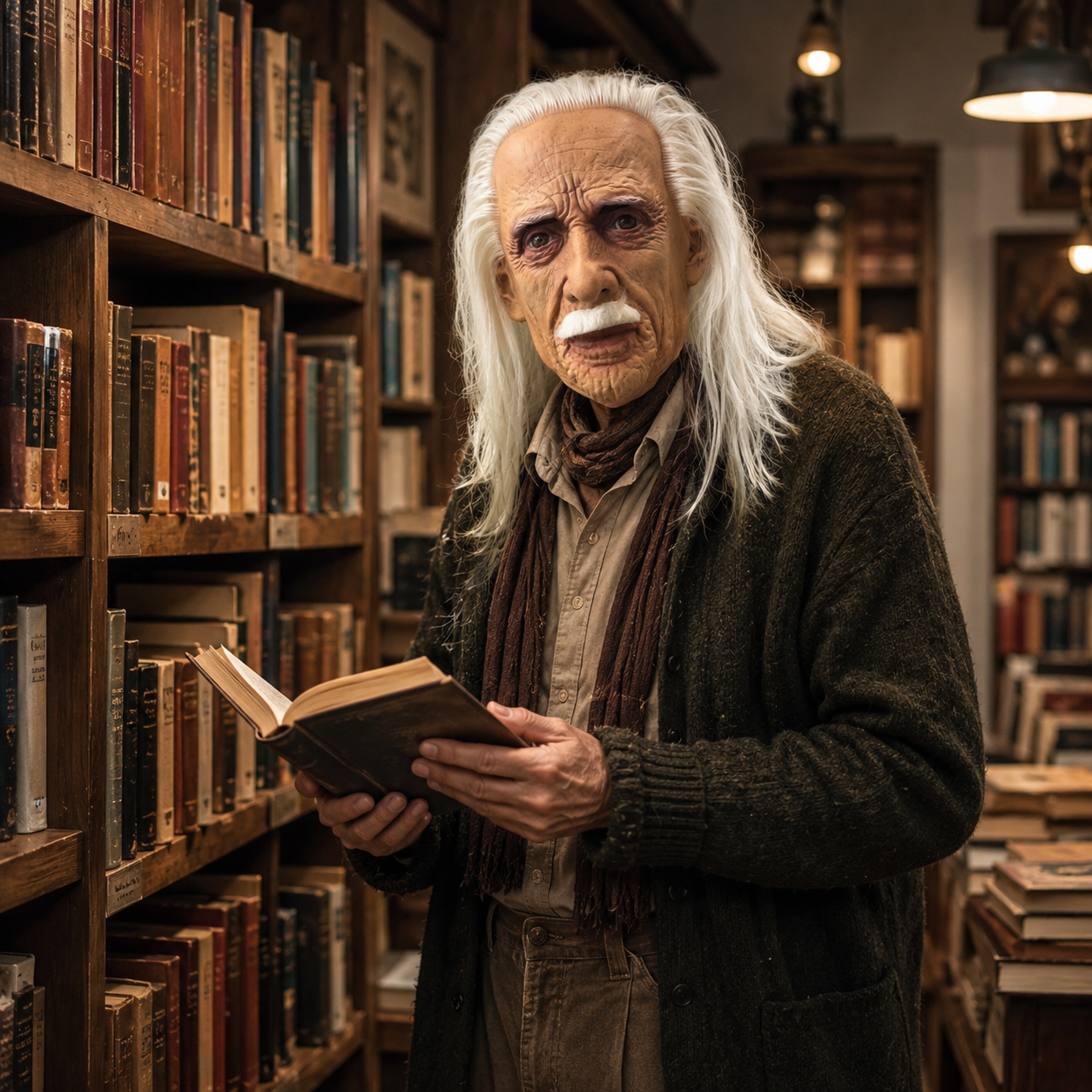 Long White Hair Old Man Latex Full Head Mask with White Mustache, Realistic Wrinkles, Aged Skin Texture and Visible Eye Openings for Halloween Party Cosplay Costume Photo Video Props