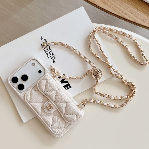 Caviar Diamond-patterned Card Slot Crossbody Chain case for 114 Pro Max, iPhone 16 Pro Protective Case, 17 Pro