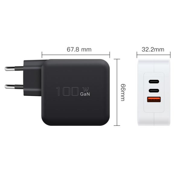 Chargeur GaN PD 100W avec ports 1A+2C, prise UE pour ordinateurs portables