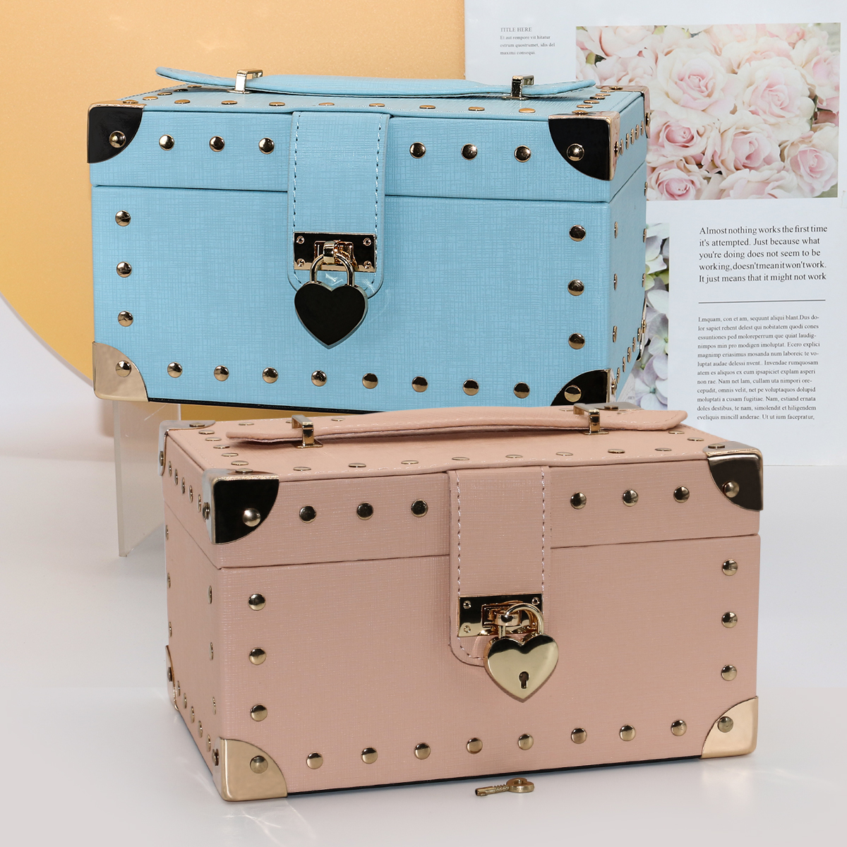 PU Leather Luxury Jewelry Storage Box Pink Blue 225x155x130mm Travel Jewellery Box