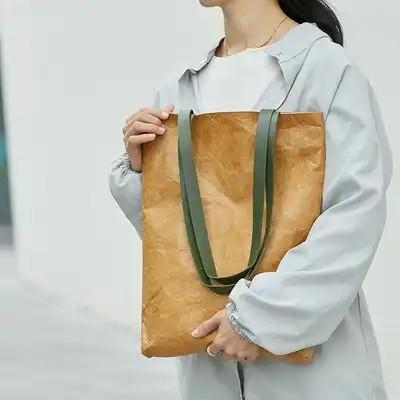 Brown Tyvek Paper Washable Tote Bags Sustainable Bio Degradable With Leather Handle Strap