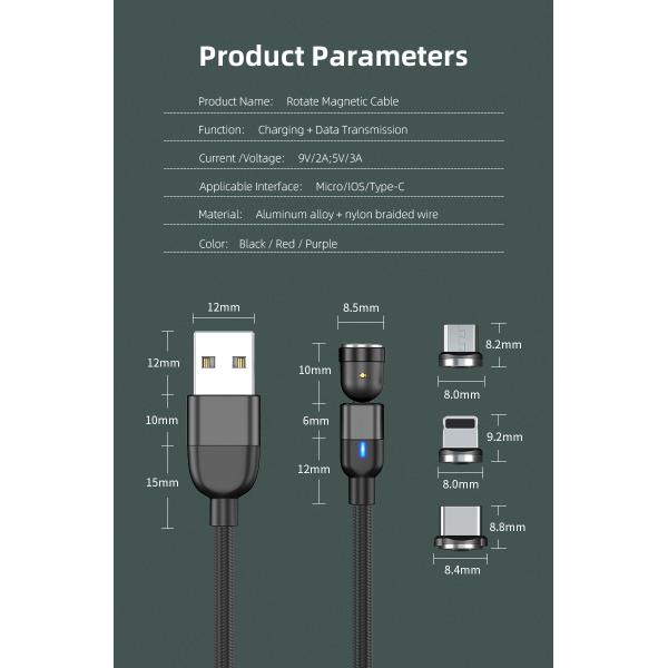 540° rotation USB magnetic cable nylon braided 3 in 1 magnetic cable fast charging 3A type C cable charger
