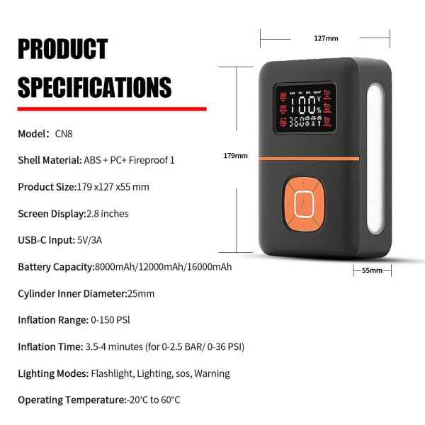 Portable 2 In 1 Jump Starter Auto Emergency Power Supply With Air Compressor 8000mAh 12000mAh 16000mAh