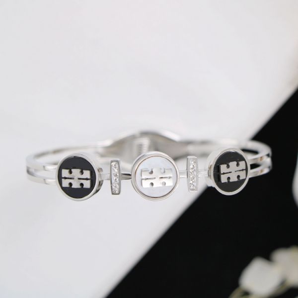 Black and White Mother-of-pearl Inlaid Circle Stitching TB Pattern Titanium Steel Bracelet
