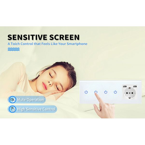 UBARO Smart 2-Gang Touch Light Switch with Schuko Power Outlet and USB-A & USB-C Charging Ports in Tempered Glass Wall Plate