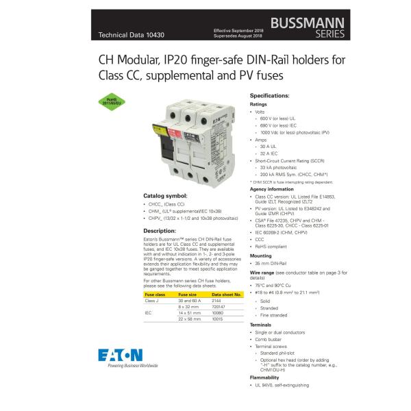 CHM1DIU Modular Din Rail Holder IP20 Finger Safe For PV Fuses