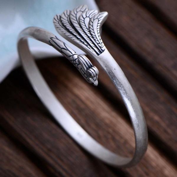 Handcraft Engraved Peafowl Design Sterling Silver Cuff Bracelet for Women (000020)