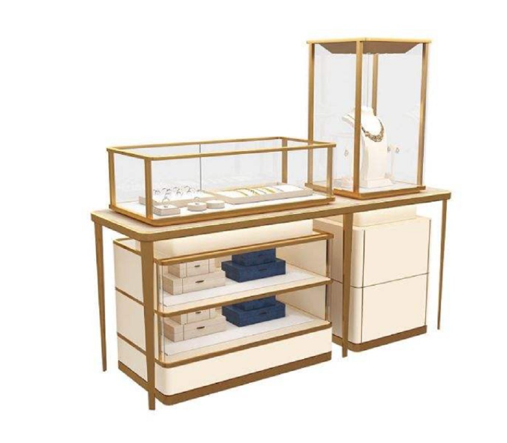 Luxury Gold Jewelry Display Case High End Custom Jewelry Showcase Glass Leather Finish LED Durable High Quality for Jewelry
