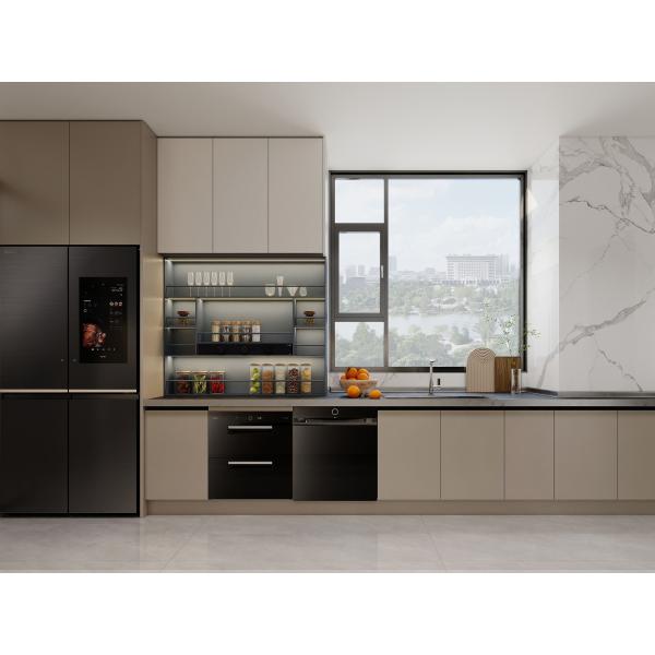 Matte Beige Stainless Steel Kitchen Cabinets with Black Stone Countertop