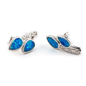 925 avec le bleu principal de Sterling Silver Greek   Boucles d'oreille opales de haute qualité de goujon de feuille de méandre