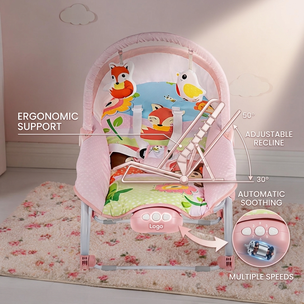 Adjustable Backrest Electric Swing Baby Rocker 2 Plush Toys 5 Speed with Remote