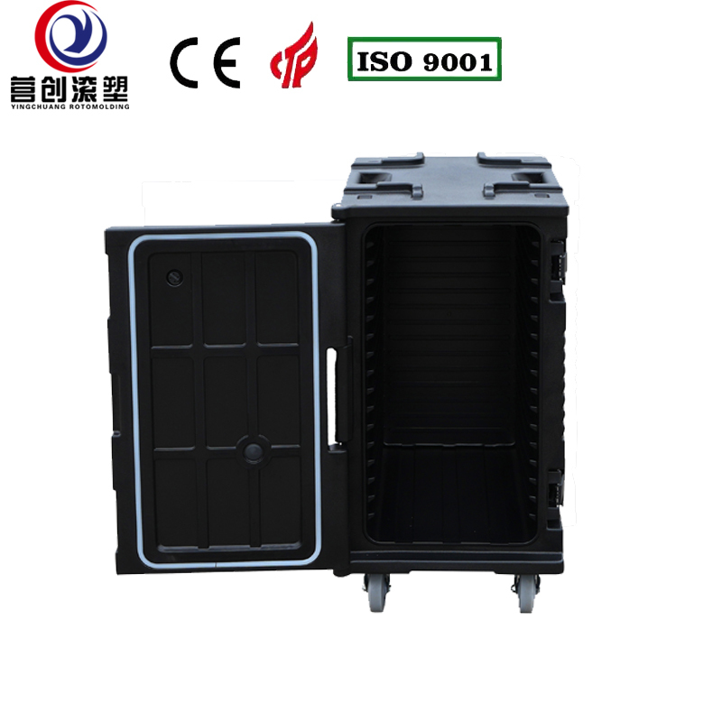 YINGCHUANG ROTOMOLDING OEM 120L Black Rotomolded Insulated Box With Large Casters, Thick PU Foam Hot & Cold GN Pan Food Transport Cabinet For Central Kitchen Catering Canteen