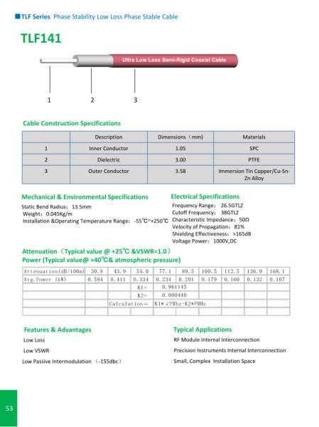 TLE Series Phase Stability Low Loss Semi-Rigid Cable