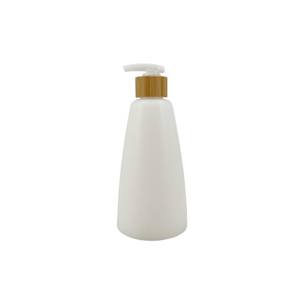 White Matte Conical Plastic Lotion Bottle With Bamboo Cap 250ml Cosmetic Dispenser Bottle