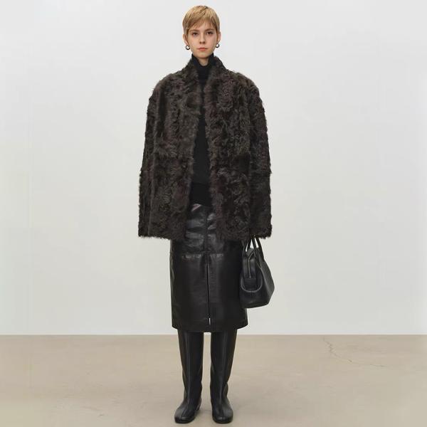 Persian Lamb Faux Fur Coat with Stand-up Collar Cruelty-Free Hip-length Loose Outerwear for Women