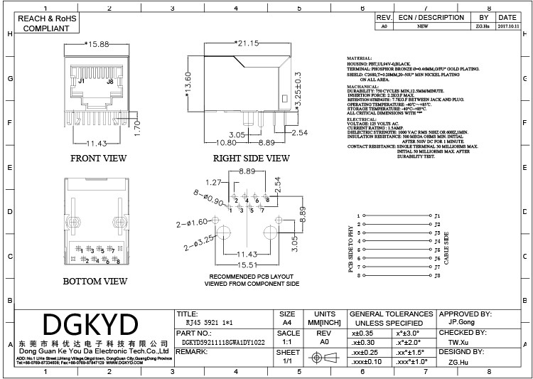 DGKYD59211118GWA1DY1022 Защищенный модульный 8pin женский RJ45 Ethernet соединитель без светодиодов