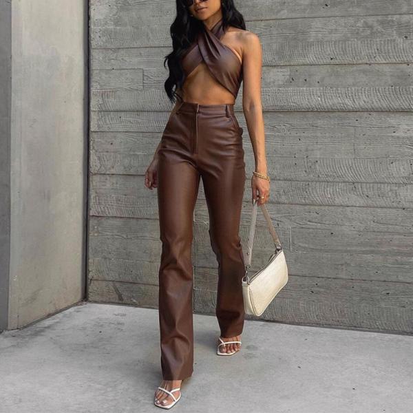 Brown Two Piece Casual Set Sexy Halter Vest Slim Straight Trousers Suit