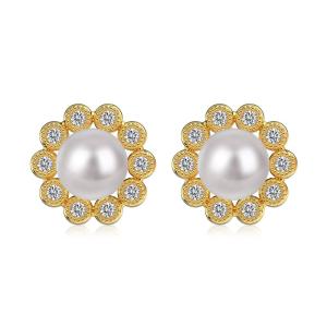 925 Sterling Silver Flower Design Earrings with Micro-Inset Zircon and 14K Gold