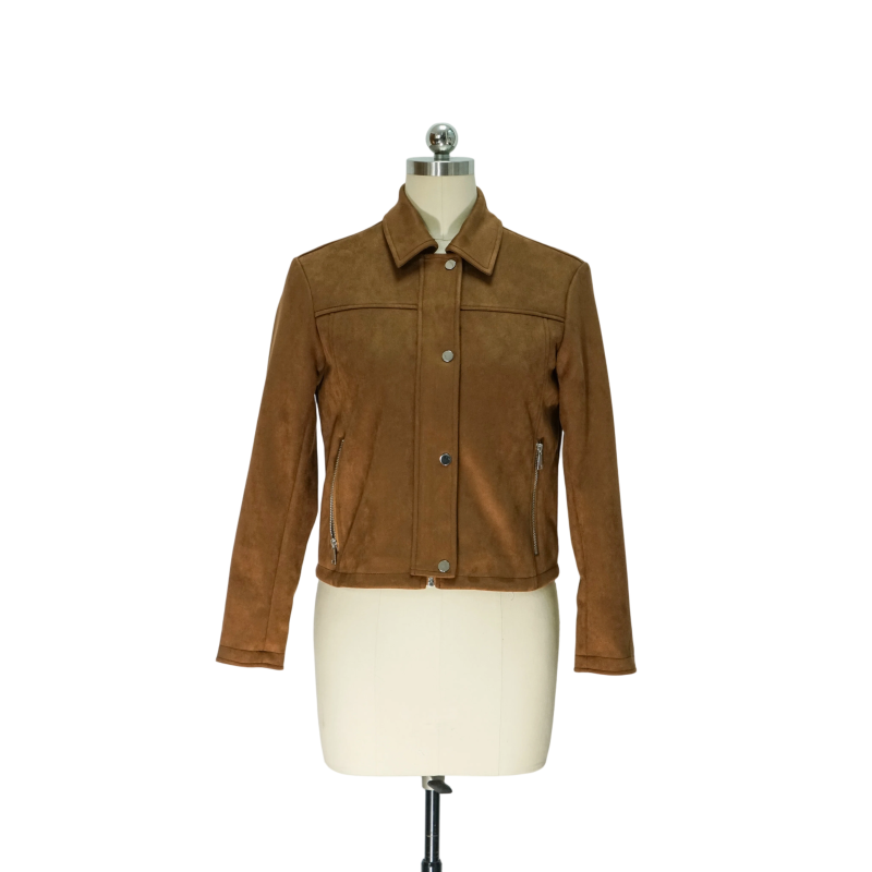 Warm Brown Faux Suede Cropped Jacket with Stand Lapel and Zip Pockets