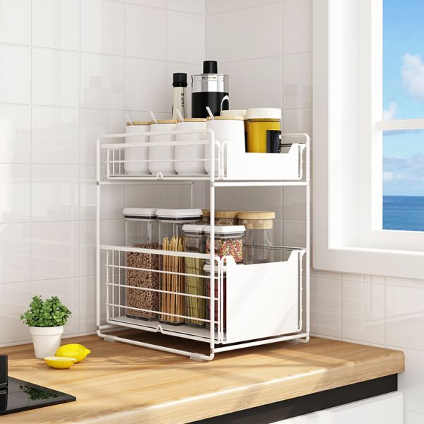 Upgraded Foldable Push-pull Metal Double-layer Bathroom Storage Organizer Under Sink Storage Rack for Kitchen Cabinet Countertop