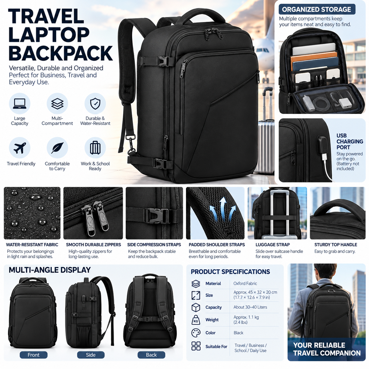 Custom Logo Business Backpack and Laptop Daypack with Diagonal Zipper and Buckle Straps for Commuter Use