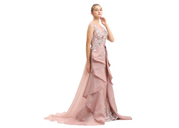 Unique Inki Pink Long Arabic Evening Dresses / Flower Decor Muslim Party Gown