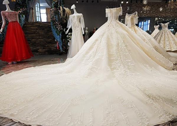 Champagne Off Shoulder Wedding Gown , Big Ball Gown Dresses Beaded Tassels