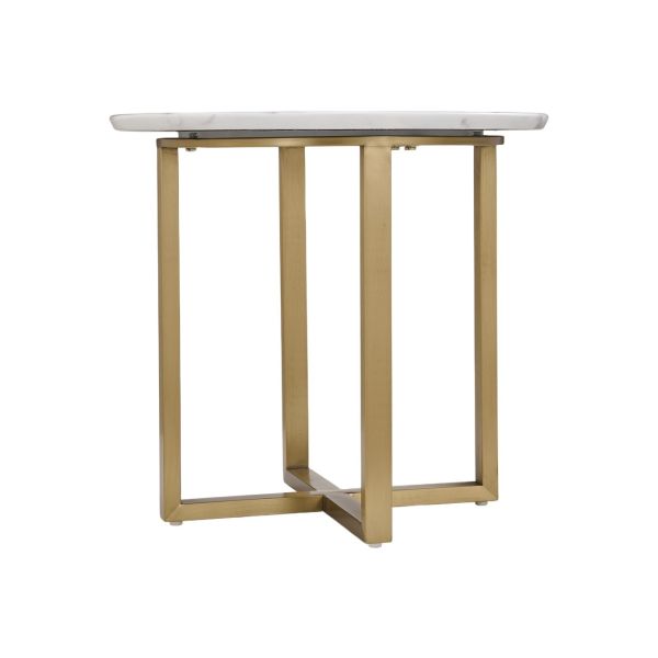 T961-1Stainless Steel Leg  Accent Table Modern Round Marble-Effect Side Table with Cross Brushed Gold Metal Frame