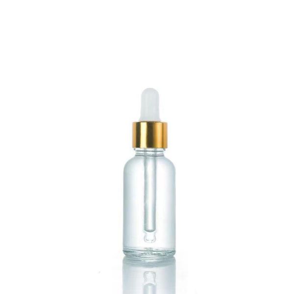 Wholesale Clear Glass Dropper Bottle with Aluminum Gold Skirt in 5ml-200ml Sizes and 10000pcs MOQ