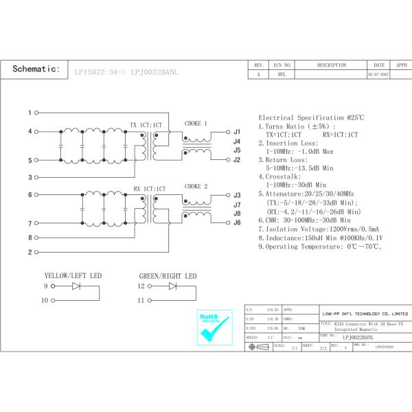 LF1S022-34 Magnetic RJ45 Jack With 10Base-T Filter LPJ0022BANL Network Adapter