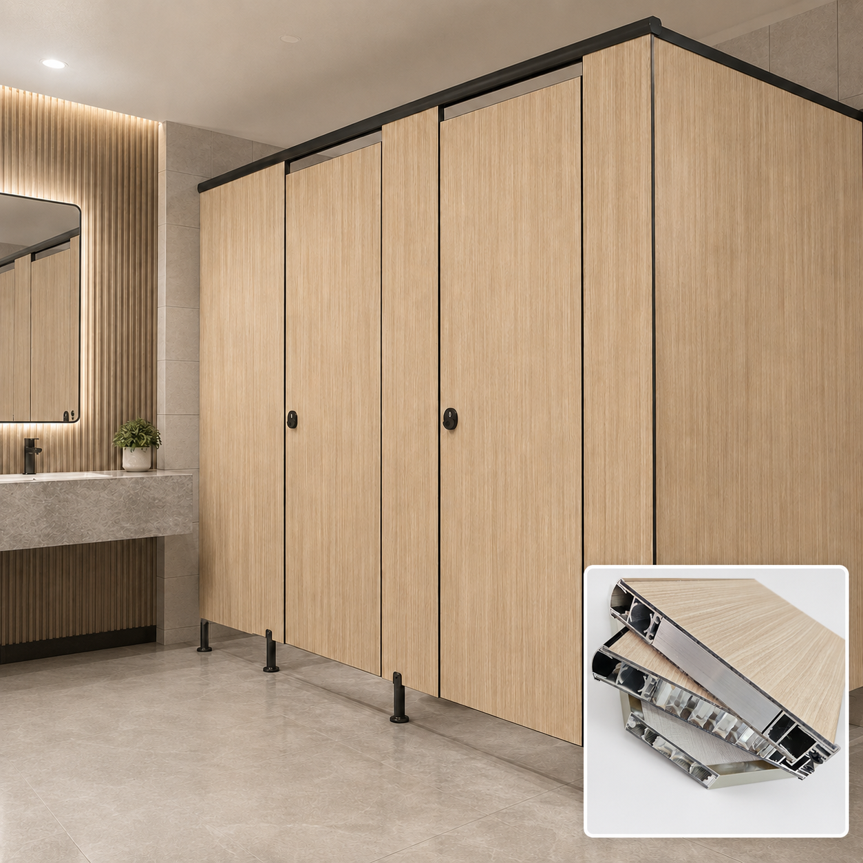 HPL Aluminum Honeycomb Core Toilet Partitions | Commercial Restroom Cubicles