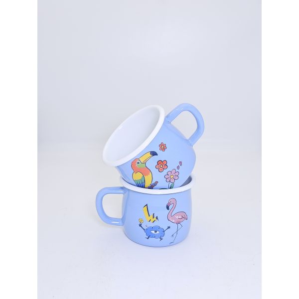 7cm Light Blue Tropical Bird Floral Print Enamel Mug White Rim Enamel Coffee Tea Cup Stackable Daily Enamel Drinkware