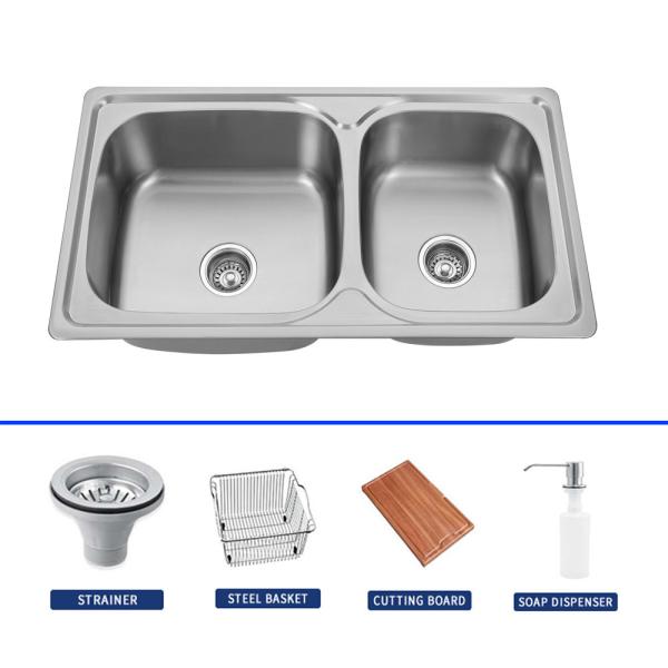 Topmount Rectangular Laveira de aço inoxidável Double Bowl para cozinha