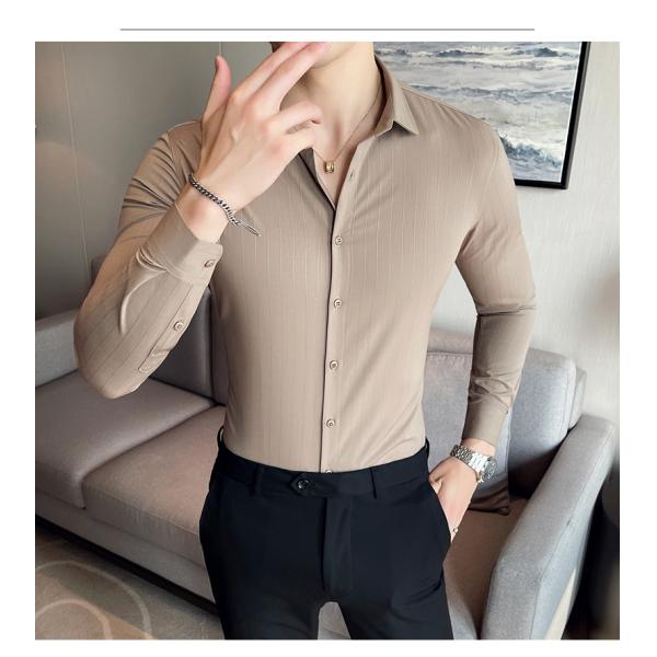 Неформальные рубашки Поднимающийся воротник Осенняя ткань Поло Пахта Длинные рукава Мужская стройная рубашка