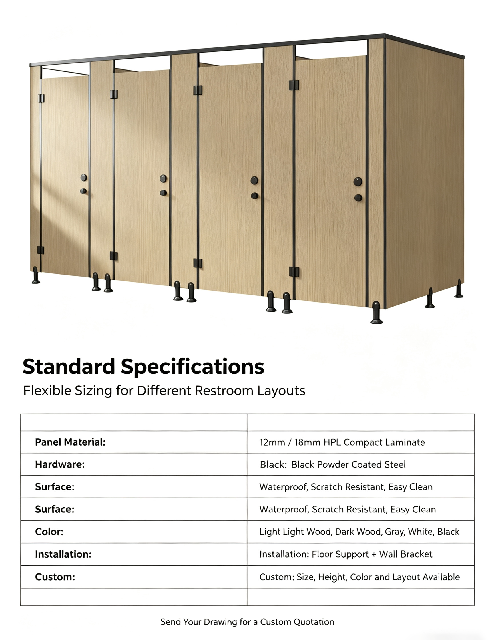Commercial HPL Toilet Partition, Waterproof Moisture-proof Phenolic Compact Board Public Restroom Partition with Hardware Fittings