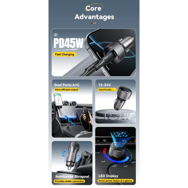 Cargador de automóviles de 45W PD QC 3.0 USB C con pantalla digital