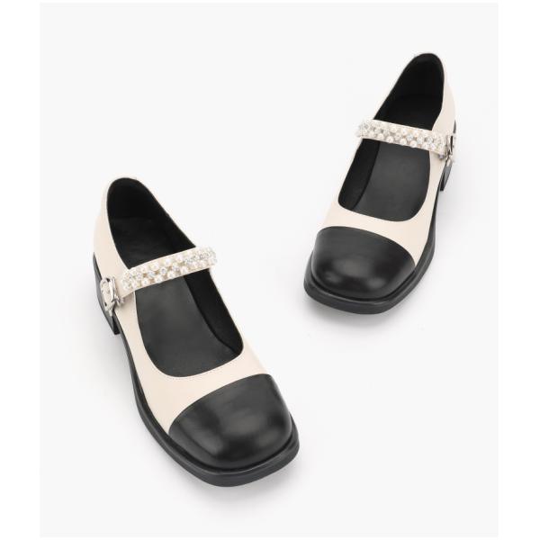 Round Head Wrap Toe Womens Leather Flat Shoes Black And White Stitching