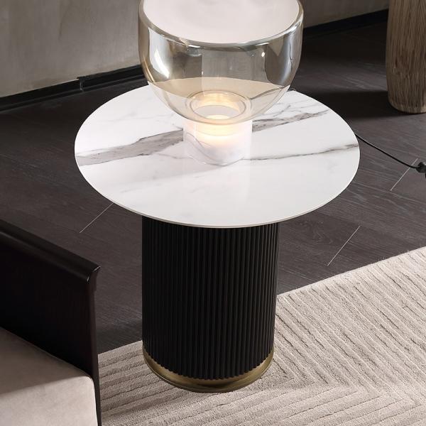 Living room round small stainless steel end table with brushed gold ceramic top wooden base