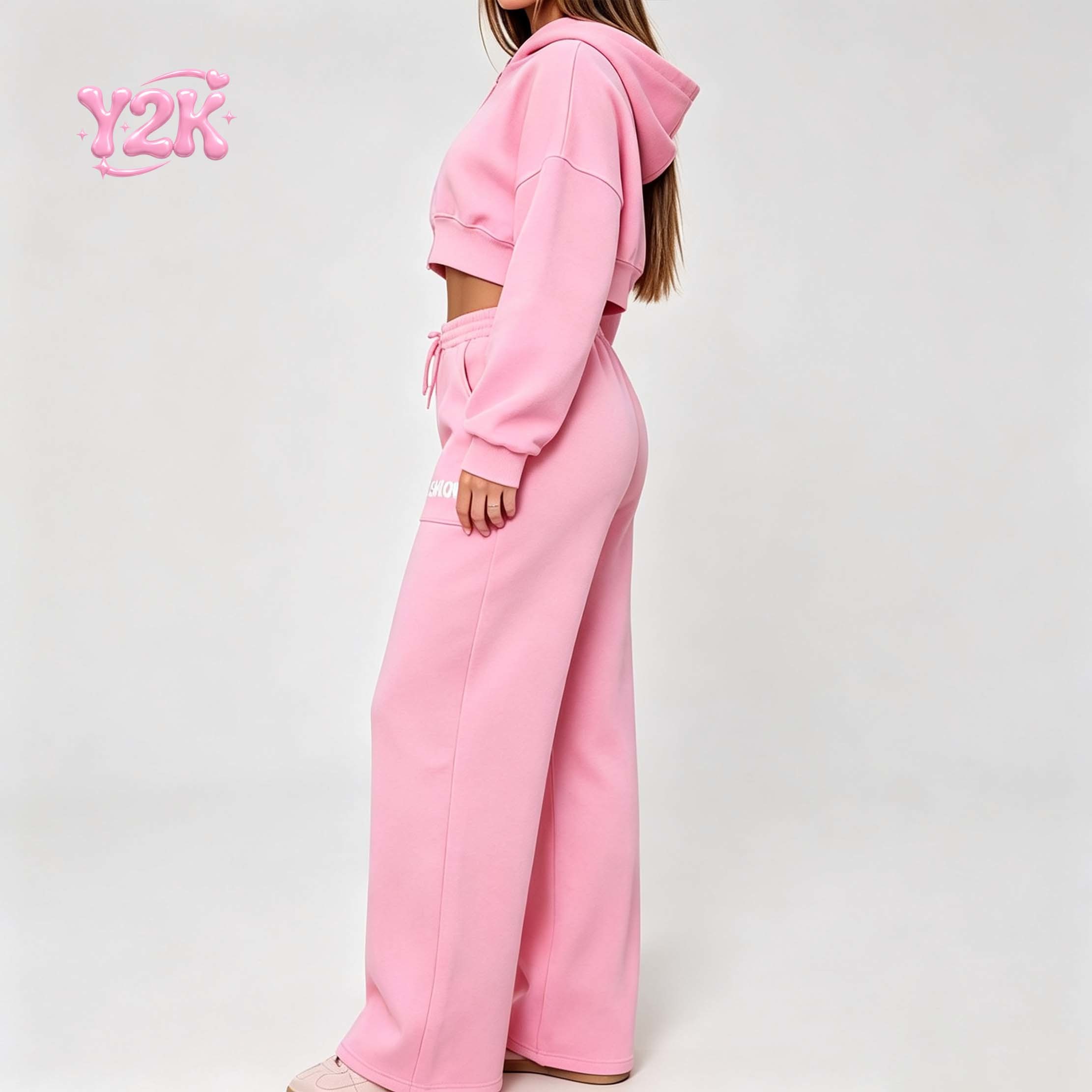 Custom Women's Pink Cropped Zip Up Hoodie & Wide Leg Pants 2pc Set