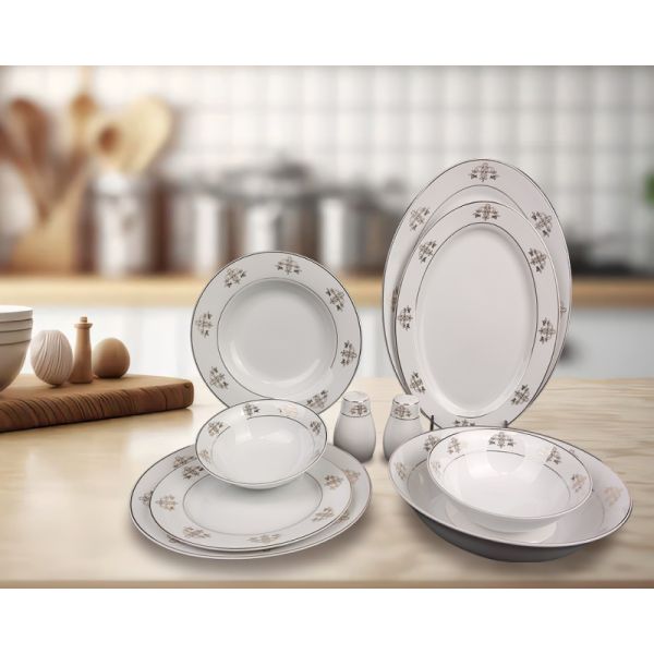 35pcs superwhite porcelain dinning set  with blue embossed flower and gold patterm