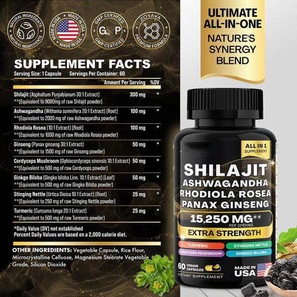 Shilajit extract powder fulvic acid capsule shilajit capsule resin 85 minerals brain support enhance male strength