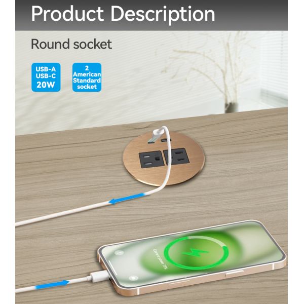 Alloy Metal Recessed Table Power Grommet Outlet 20W USB Charging