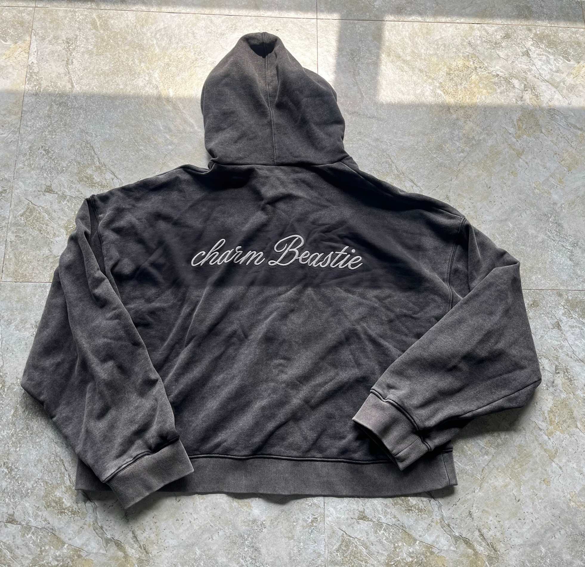 Vintage Acid Wash Men's Heavyweight Hoodie Full Zip Vintage Streetwear Hoodie Cursive Embroidery