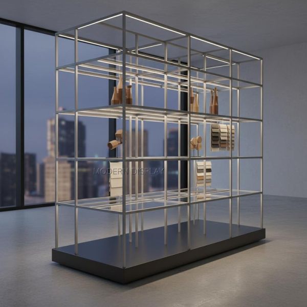 Adjustable Height Store Display Showcase with Tempered Glass and Stainless Steel Featuring LED Strip Lights
