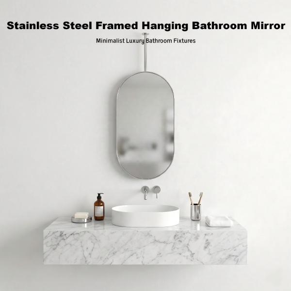 Kingstin Custom Stainless Steel Ceiling Mounted Oval Bathroom Mirror, Hanging Vanity Mirror for Hotel & Villa